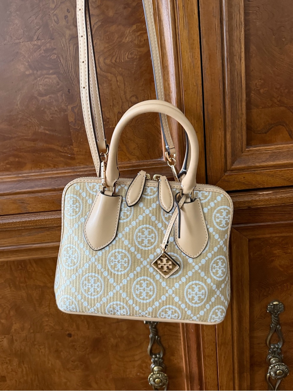 Tory Burch Cream and Light Blue Quilted Logo Satchel